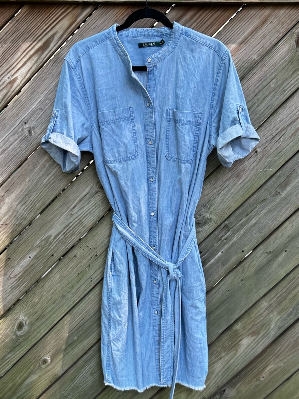 Ralph Lauren Light Blue Denim 100% Cotton Shirt Dress 16W tab short sleeves